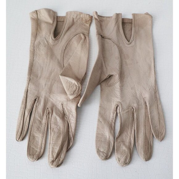 2 Vintage Black Leather & Tan Kid Leather Evening Gloves Dress Gloves Formal - Picture 5 of 6